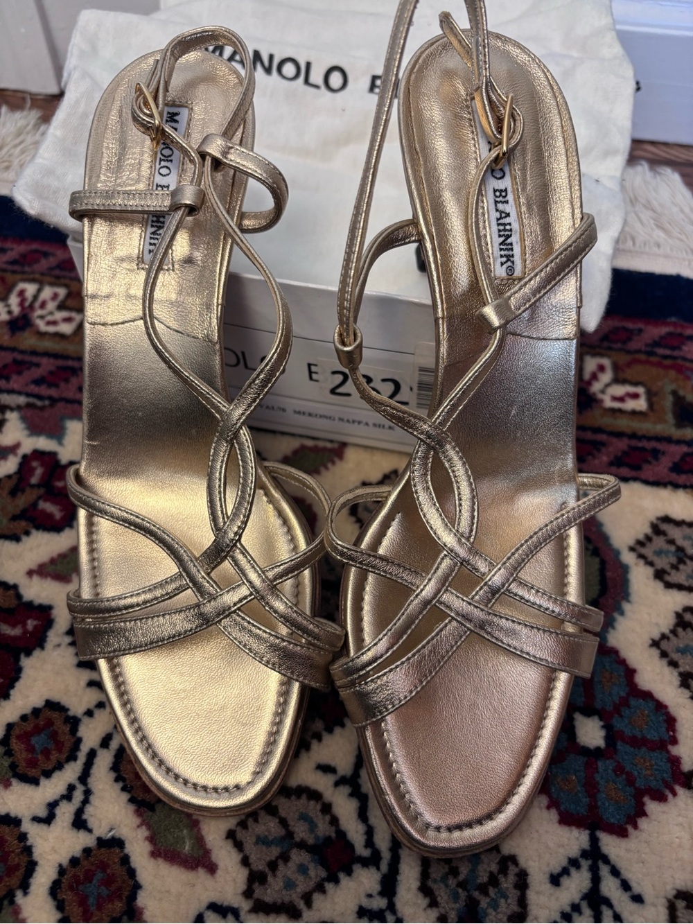 Manolo Blahnik Metallic Gold Strappy Heels size 8.5 New